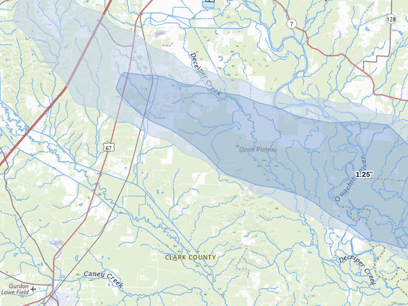 NEXRAD radar-signature map of the hail storm over Arkadelphia, AR on Jul 8, 2026