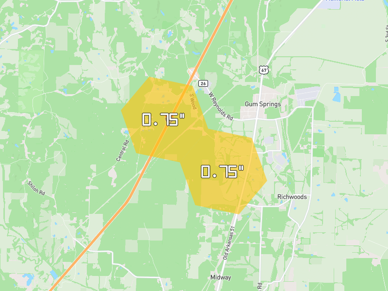 Hail map of Arkadelphia, AR on Jul 8, 2026, hail up to 0.75"