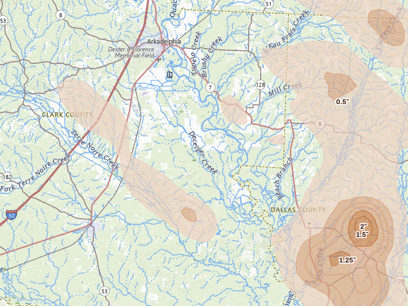Radar-estimated hail-size map of the storm over Arkadelphia, AR on Aug 20, 2026