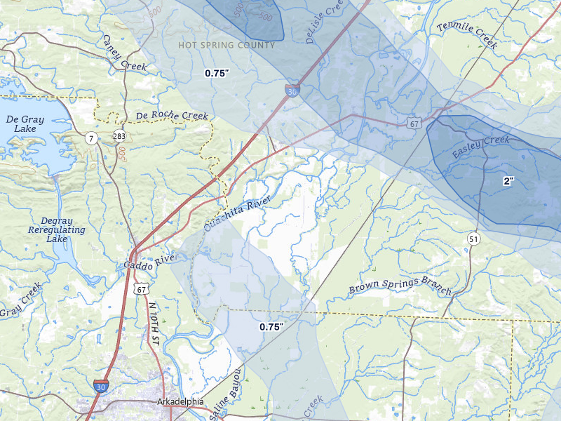 NEXRAD radar-signature map of the hail storm over Arkadelphia, AR on Aug 20, 2026