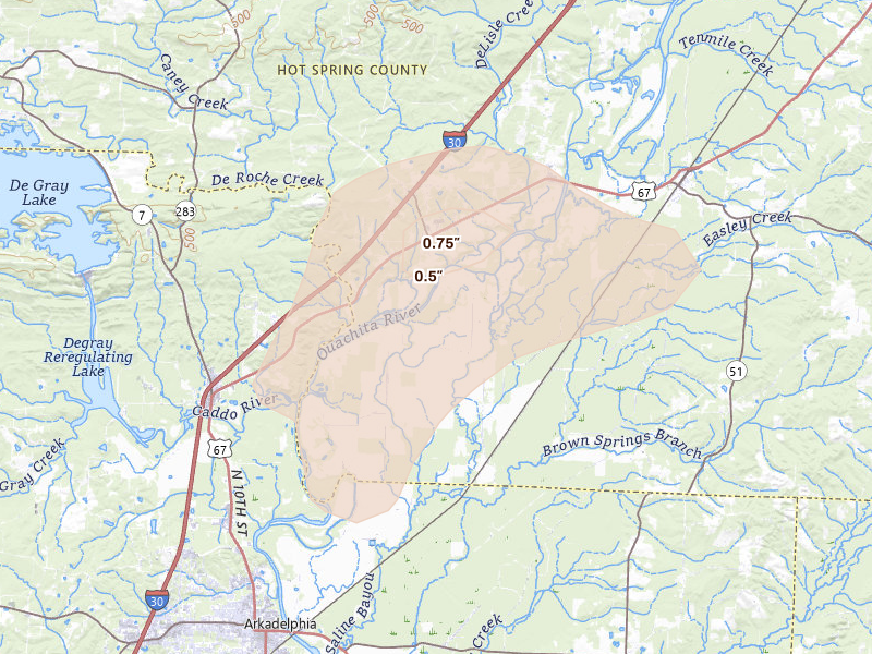 Radar-estimated hail-size map of the storm over Arkadelphia, AR on Aug 26, 2026