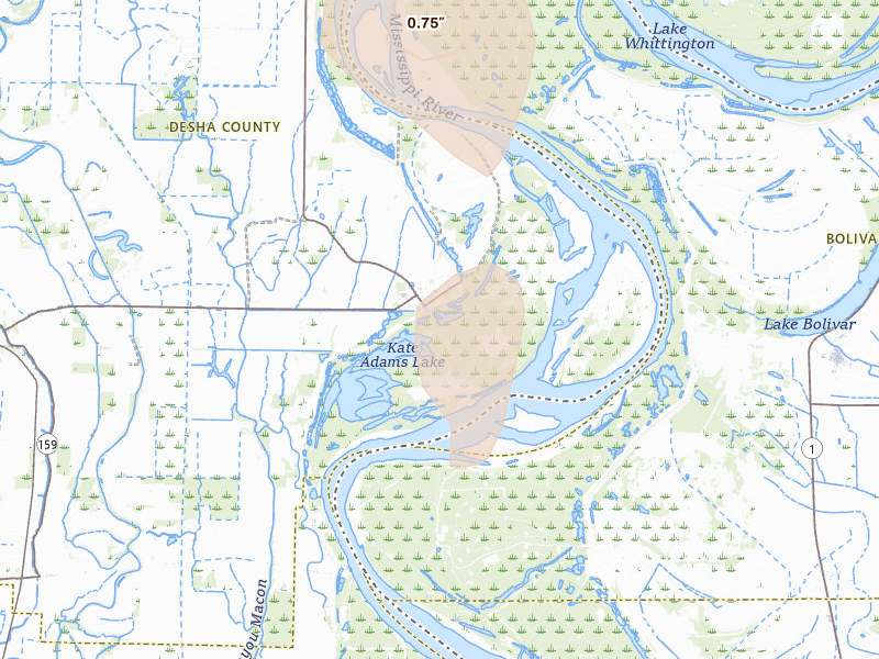 Radar-estimated hail-size map of the storm over Arkansas City, AR on Aug 26, 2026