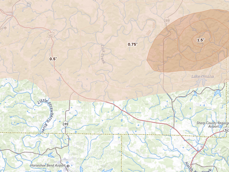 Radar-estimated hail-size map of the storm over Ash Flat, AR on Mar 4, 2026