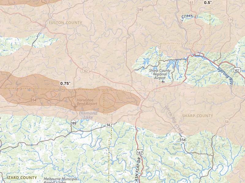 Radar-estimated hail-size map of the storm over Ash Flat, AR on Apr 27, 2026