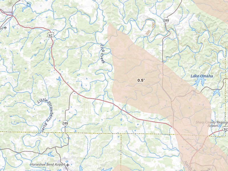 Radar-estimated hail-size map of the storm over Ash Flat, AR on Jun 1, 2026