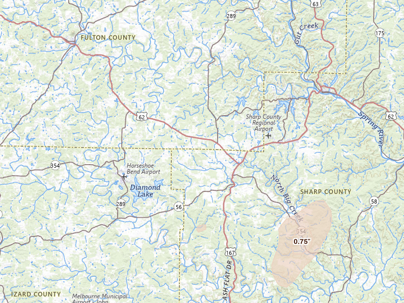 Radar-estimated hail-size map of the storm over Ash Flat, AR on Jun 25, 2026