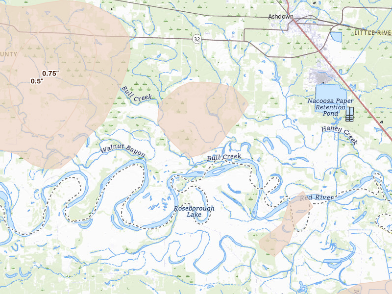 Radar-estimated hail-size map of the storm over Ashdown, AR on Apr 24, 2026