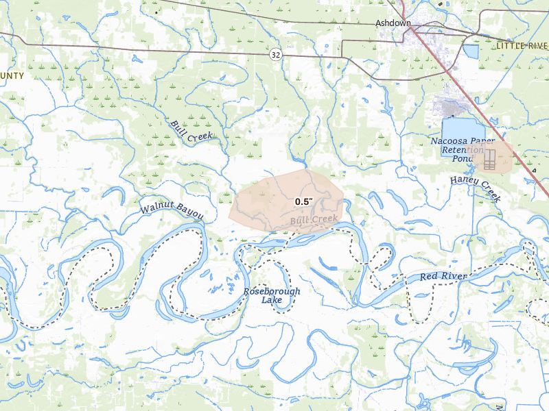 Radar-estimated hail-size map of the storm over Ashdown, AR on May 23, 2026