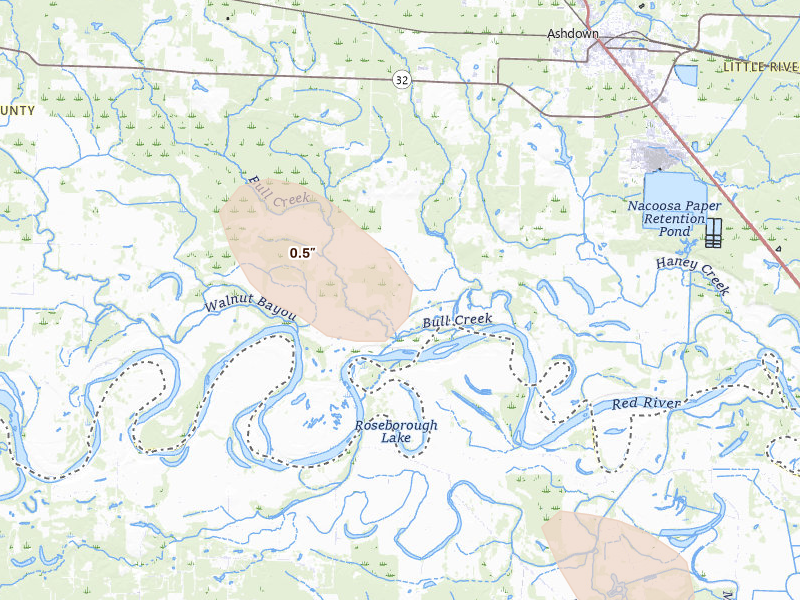 Radar-estimated hail-size map of the storm over Ashdown, AR on Jun 22, 2026