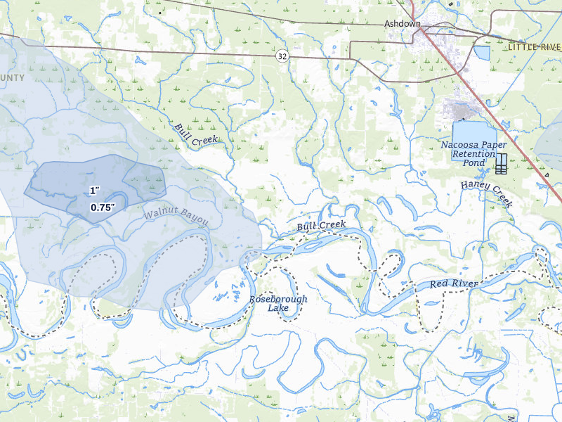 NEXRAD radar-signature map of the hail over Ashdown, AR