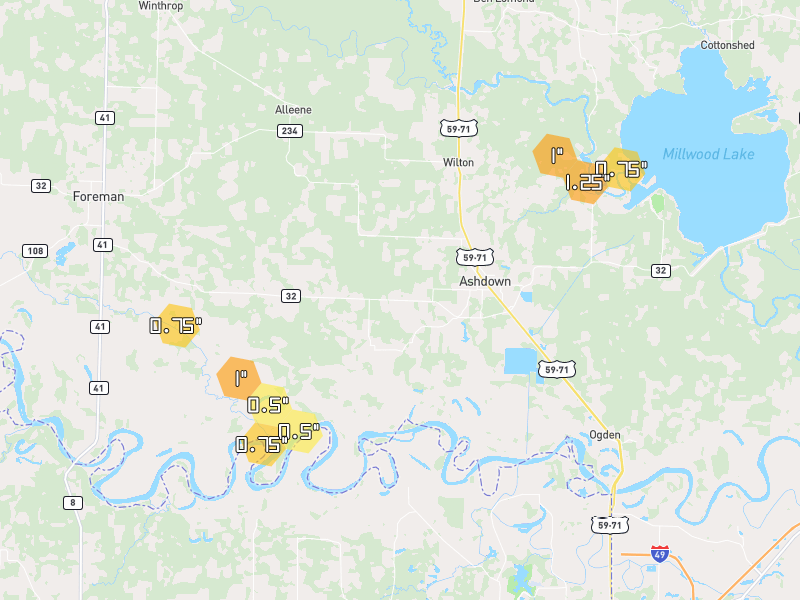 Hail map of Ashdown, AR on Jul 4, 2026, hail up to 1.25"