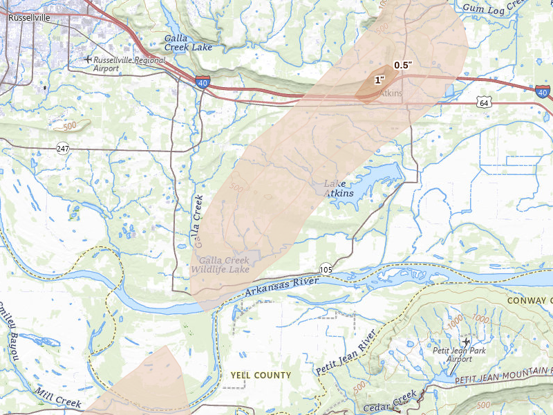 Radar-estimated hail-size map of the storm over Atkins, AR on May 30, 2026
