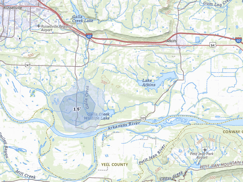 NEXRAD radar-signature map of the hail storm over Atkins, AR on Jul 29, 2026