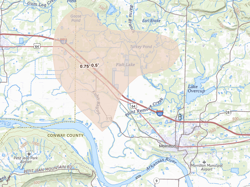 Radar-estimated hail-size map of the storm over Atkins, AR on Aug 17, 2026