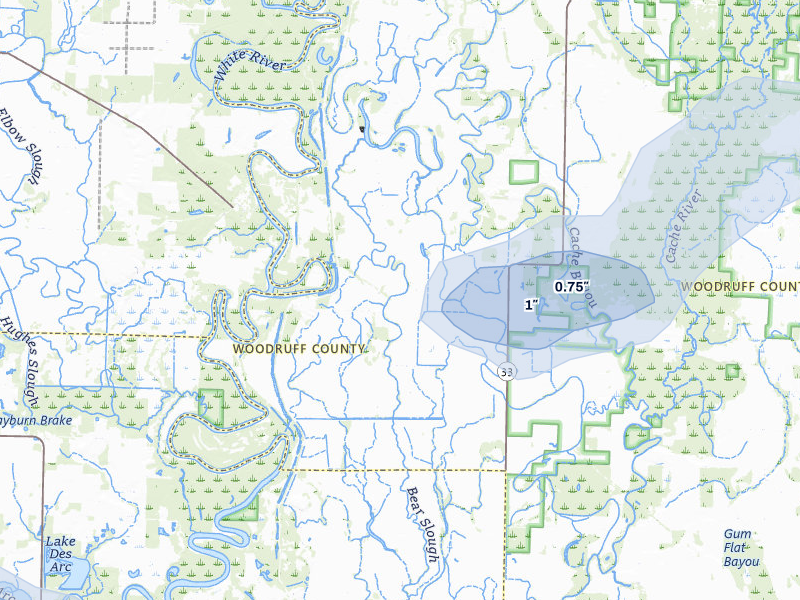 NEXRAD radar-signature map of the hail over Augusta, AR