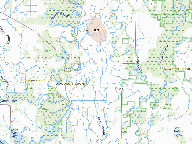 Radar-estimated hail-size map of the storm over Augusta, AR on May 5, 2026