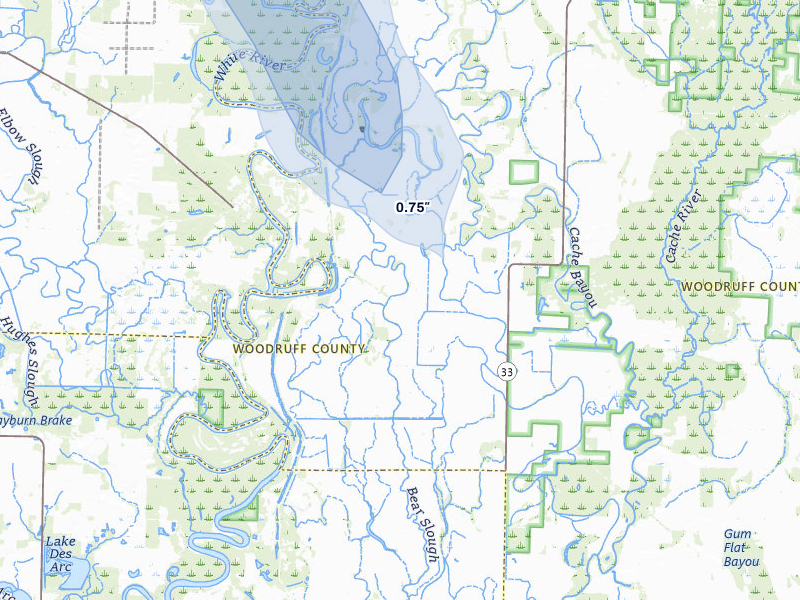 NEXRAD radar-signature map of the hail storm over Augusta, AR on Jun 1, 2026