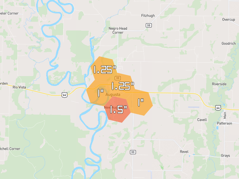 Hail map of Augusta, AR on Jun 1, 2026, hail up to 1.5"
