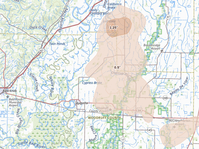 Radar-estimated hail-size map of the storm over Augusta, AR on Jul 11, 2026