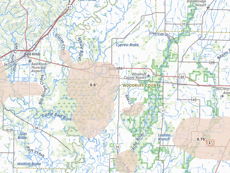 Radar-estimated hail-size map of the storm over Augusta, AR on Aug 17, 2026