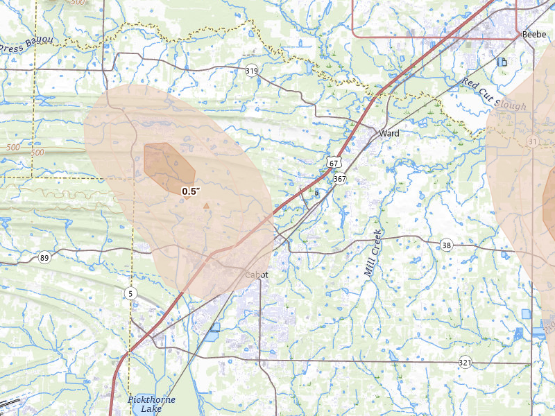 Radar-estimated hail-size map of the storm over Austin, AR on Aug 26, 2026