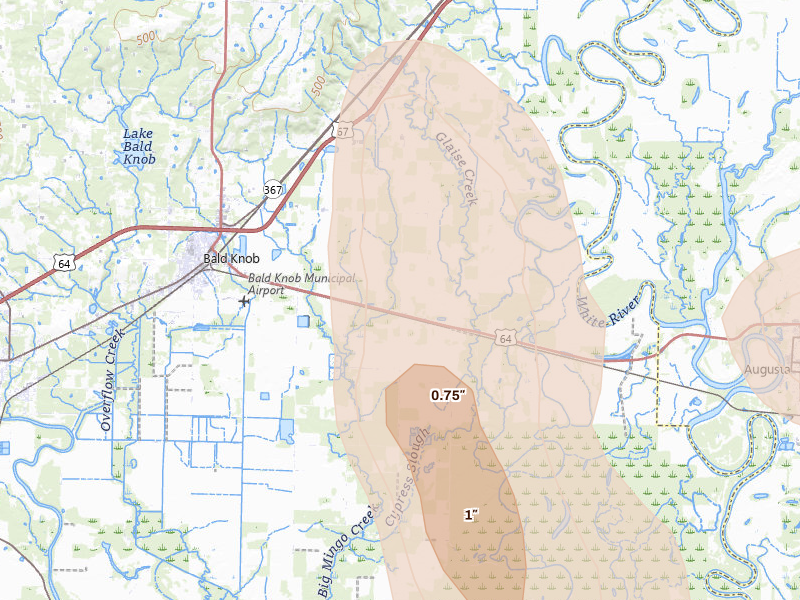 Radar-estimated hail-size map of the storm over Bald Knob, AR on Jun 1, 2026