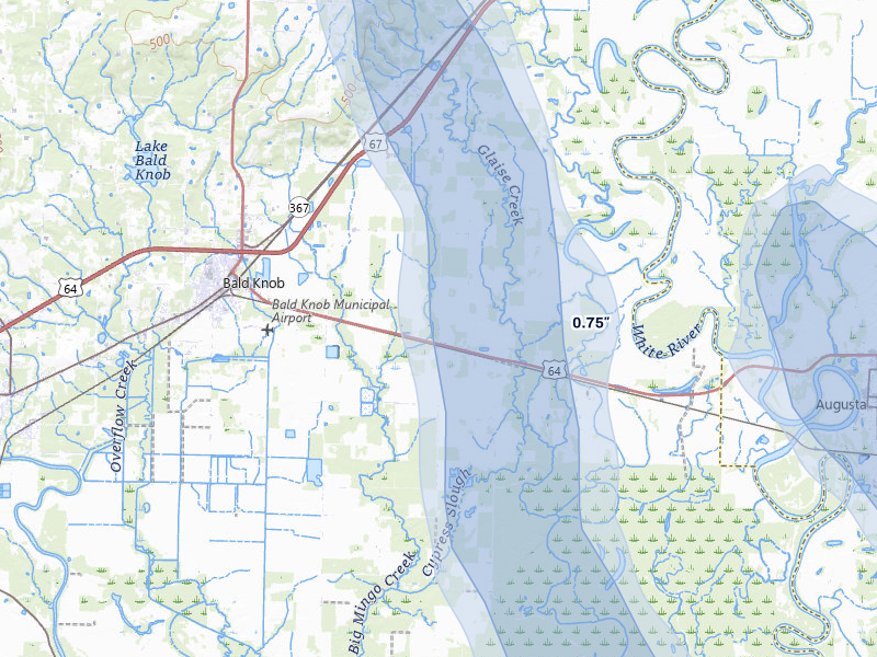 NEXRAD radar-signature map of the hail storm over Bald Knob, AR on Jun 1, 2026