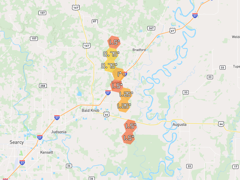 Hail map of Bald Knob, AR on Jun 1, 2026, hail up to 1.5"
