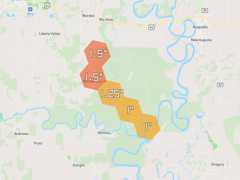 Hail map of Bald Knob, AR on Jun 2, 2026, hail up to 1.5"
