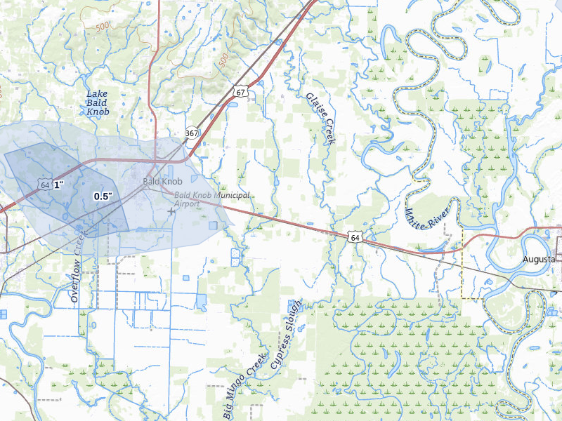 NEXRAD radar-signature map of the hail storm over Bald Knob, AR on Jul 11, 2026