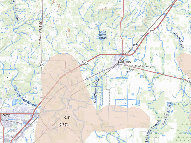 Radar-estimated hail-size map of the storm over Bald Knob, AR on Aug 17, 2026