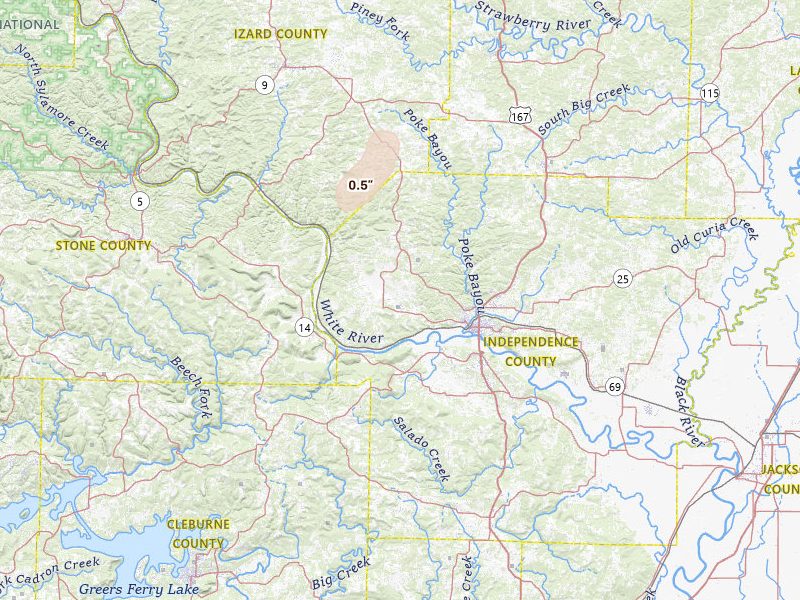 Radar-estimated hail-size map of the storm over Batesville, AR on Mar 7, 2026