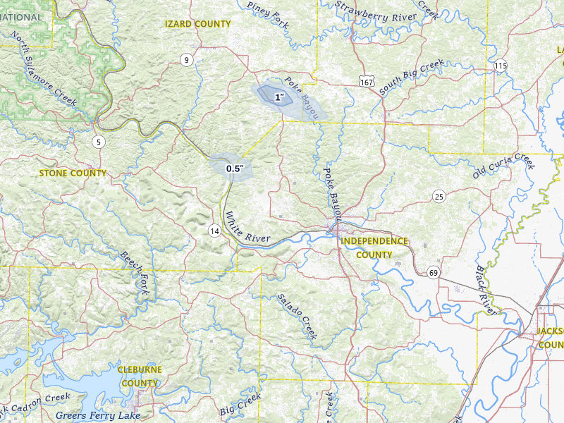 NEXRAD radar-signature map of the hail storm over Batesville, AR on Mar 7, 2026