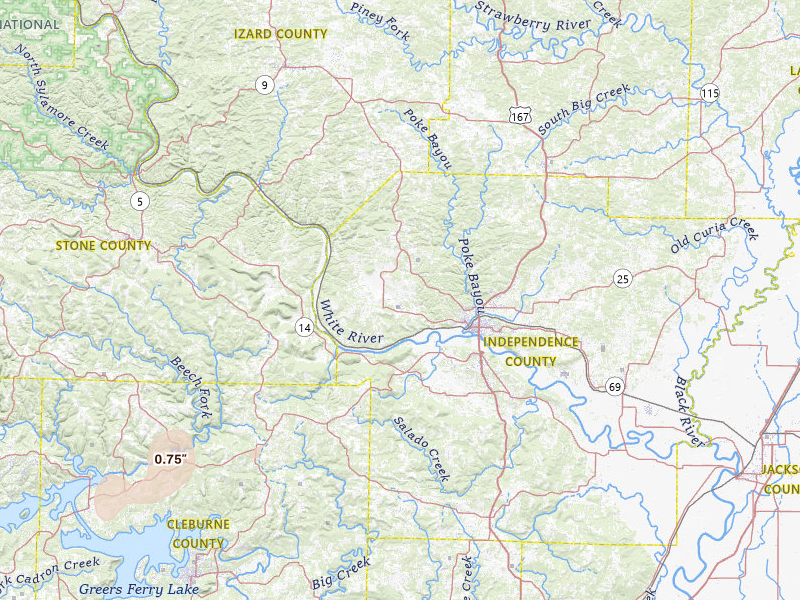 Radar-estimated hail-size map of the storm over Batesville, AR on Mar 15, 2026