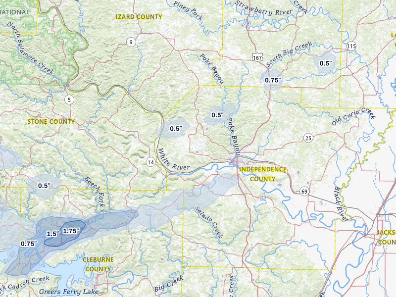 NEXRAD radar-signature map of the hail over Batesville, AR