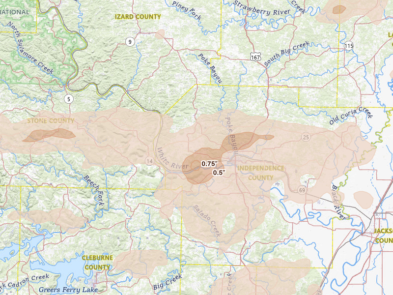 Radar-estimated hail-size map of the storm over Batesville, AR on Apr 27, 2026