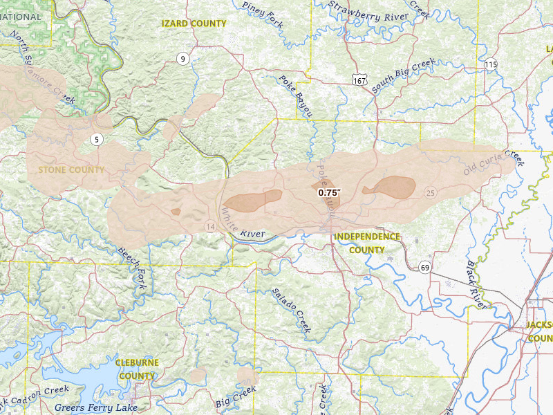 Radar-estimated hail-size map of the storm over Batesville, AR on Apr 28, 2026
