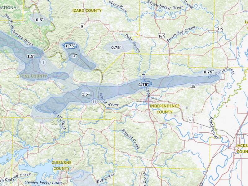 NEXRAD radar-signature map of the hail storm over Batesville, AR on Apr 28, 2026