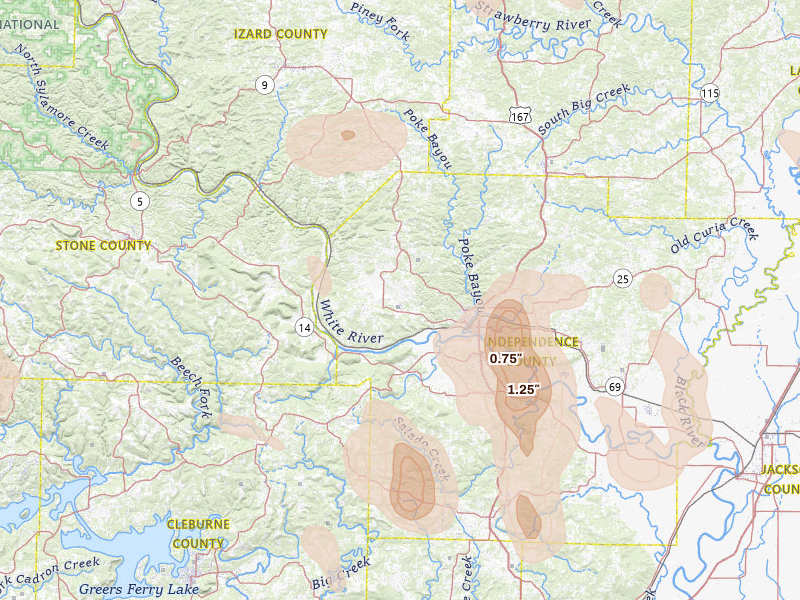 Radar-estimated hail-size map of the storm over Batesville, AR on Jun 1, 2026