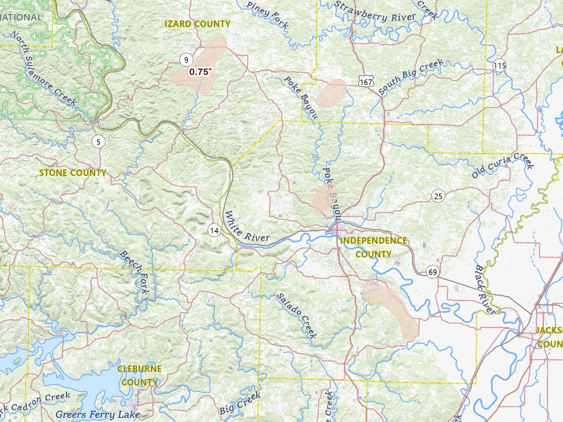 Radar-estimated hail-size map of the storm over Batesville, AR on Jul 4, 2026