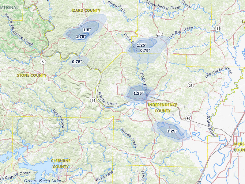 NEXRAD radar-signature map of the hail over Batesville, AR