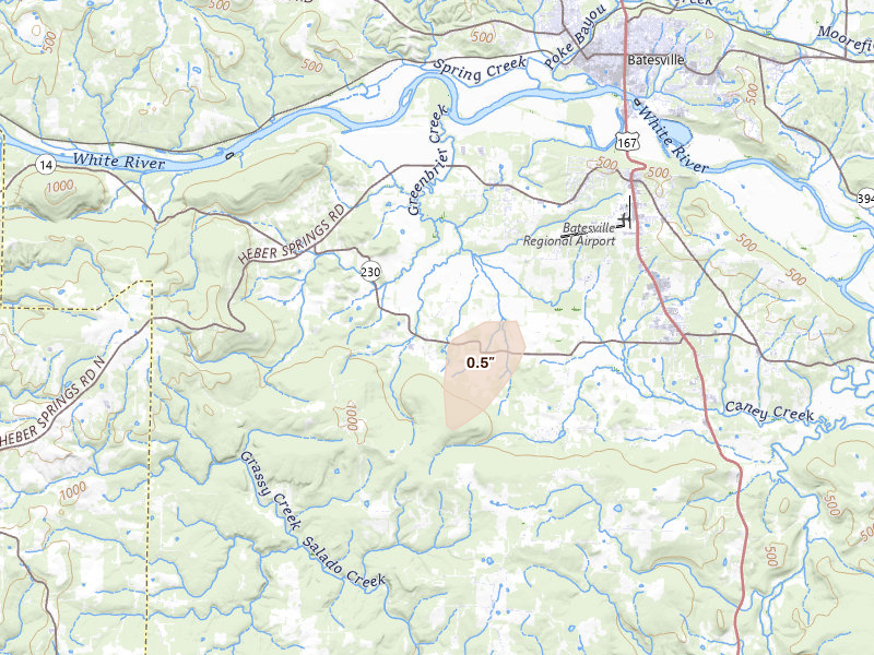 Radar-estimated hail-size map of the storm over Batesville, AR on Aug 6, 2026