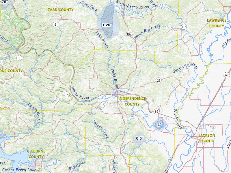 NEXRAD radar-signature map of the hail storm over Batesville, AR on Aug 6, 2026