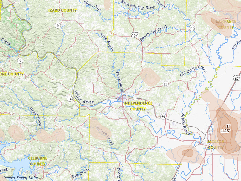 Radar-estimated hail-size map of the storm over Batesville, AR on Aug 22, 2026