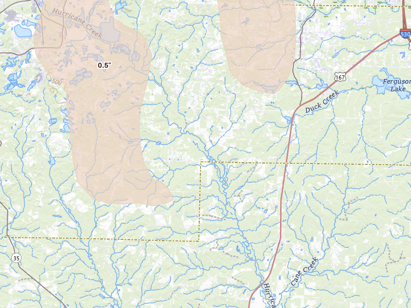 Radar-estimated hail-size map of the storm over Bauxite, AR on Jun 1, 2026