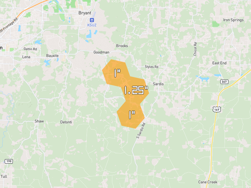 Hail map of Bauxite, AR on Jun 2, 2026, hail up to 1.25"