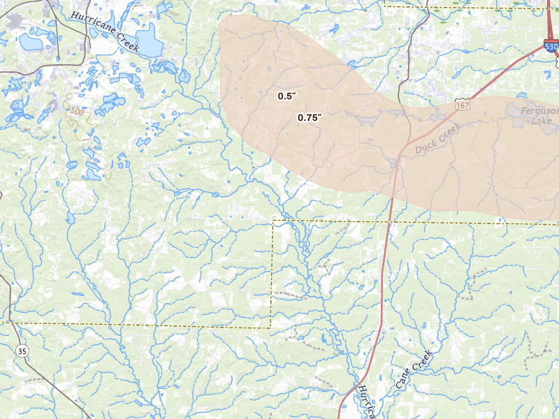 Radar-estimated hail-size map of the storm over Bauxite, AR on Aug 22, 2026