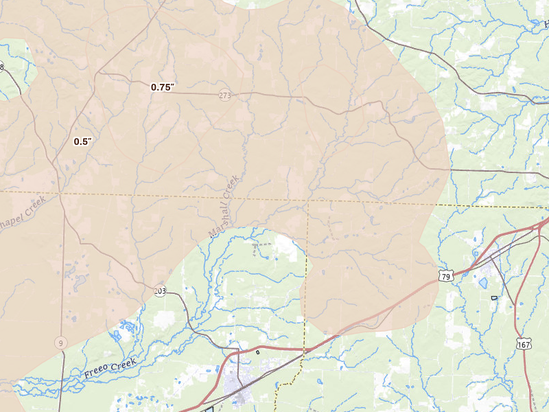Radar-estimated hail-size map of the storm over Bearden, AR on Apr 28, 2026