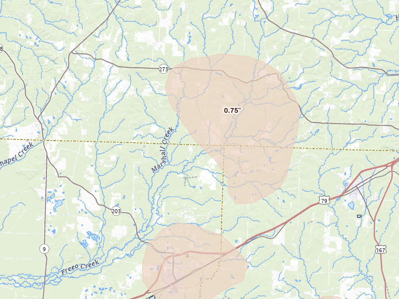 Radar-estimated hail-size map of the storm over Bearden, AR on May 30, 2026