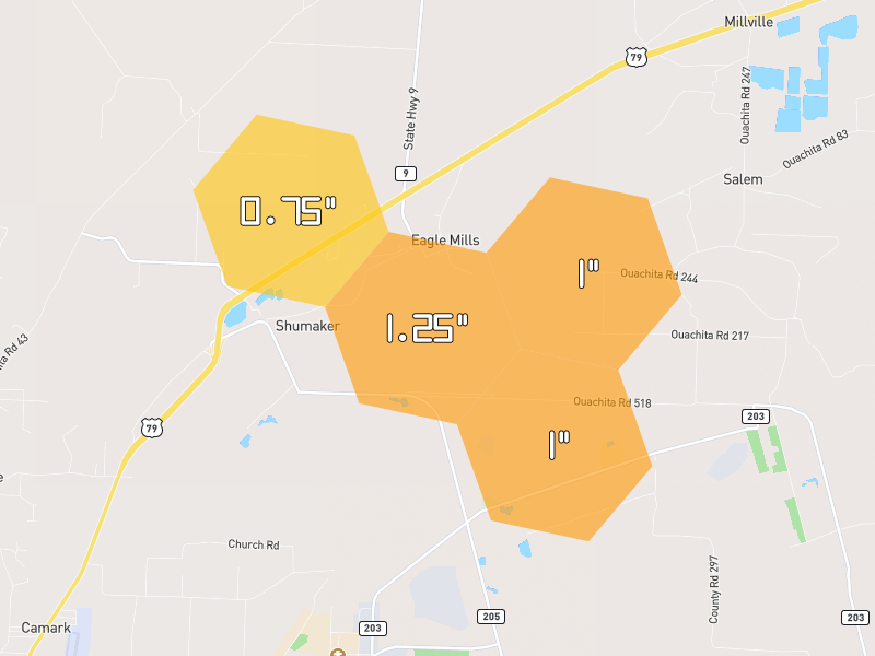 Hail map of Bearden, AR on Jul 7, 2026, hail up to 1.25"